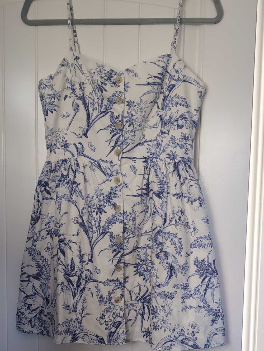 H&M White Mini Sundress with Blue Botanical Print